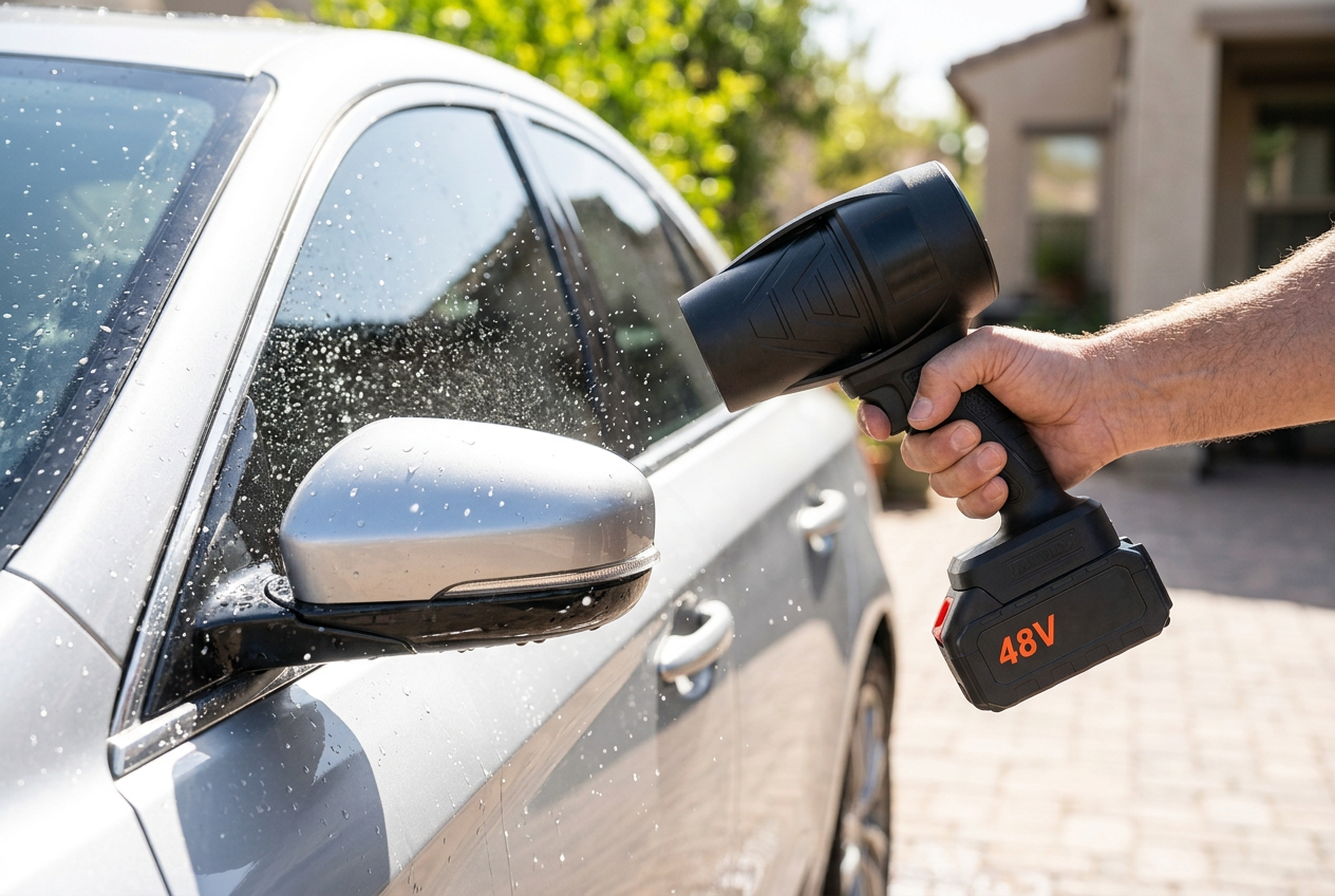 Вітродувка Supreto 48V здуває краплі води з дзеркала автомобіля